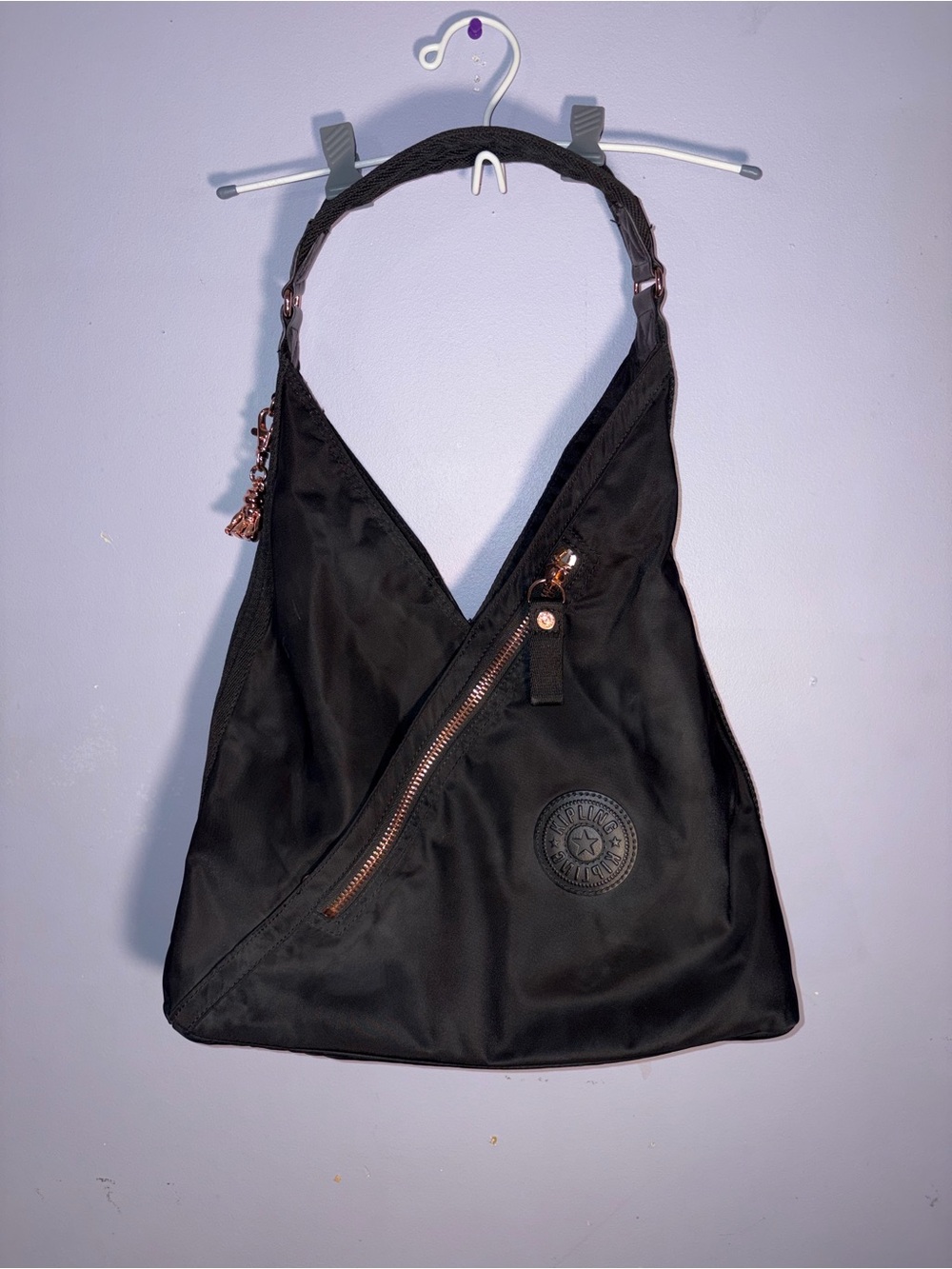 Kipling Black Quilted-Style Shoulder Bag with Rose Gold Zip Detail